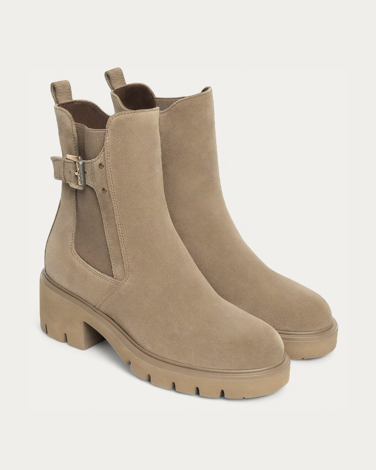 Nero Giardini Beige Chelsea Boot with Buckle Strap, pair three-quarter view
