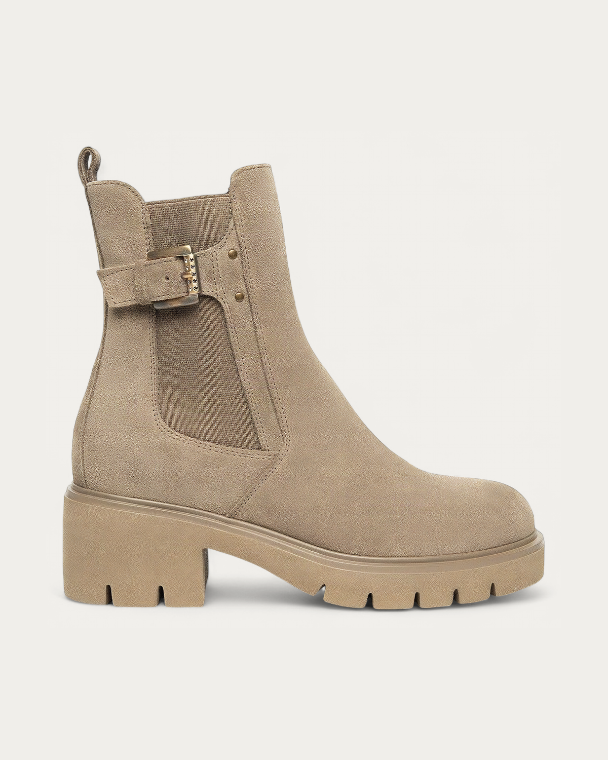 Nero Giardini Beige Chelsea Boot with Buckle Strap, side profile