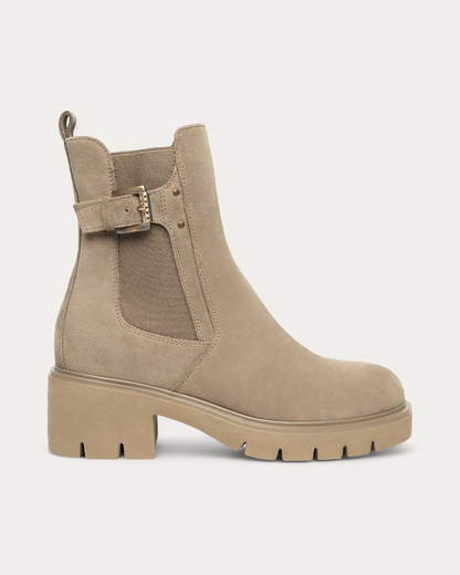 Nero Giardini Beige Chelsea Boot with Buckle Strap, side profile