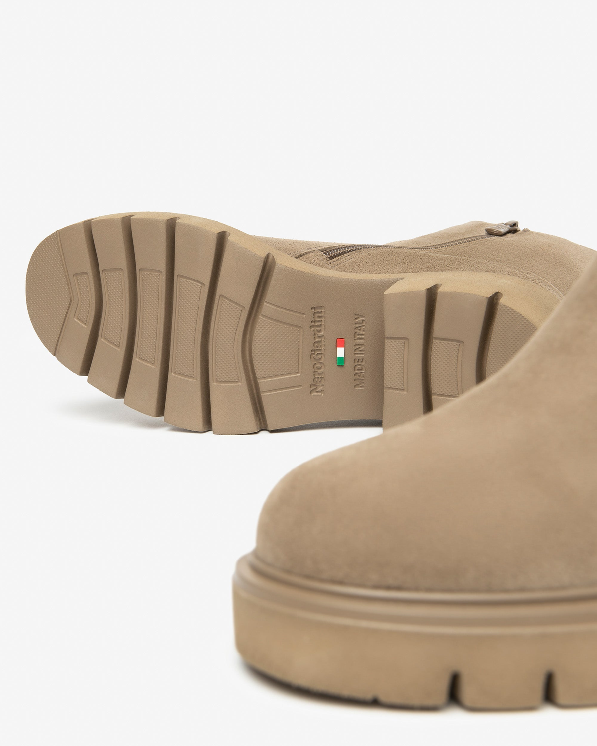 Nero Giardini Beige Chelsea Boot with Buckle Strap, outsole with Italian flag mark