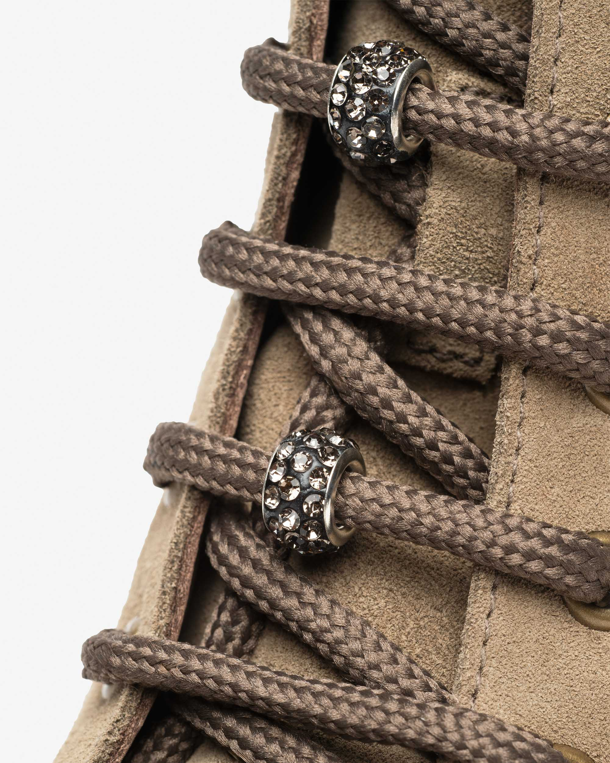 Nero Giardini Beige Nubuck Lace-Up Boot with Crystal Laces, crystal lace beads and eyelets close-up