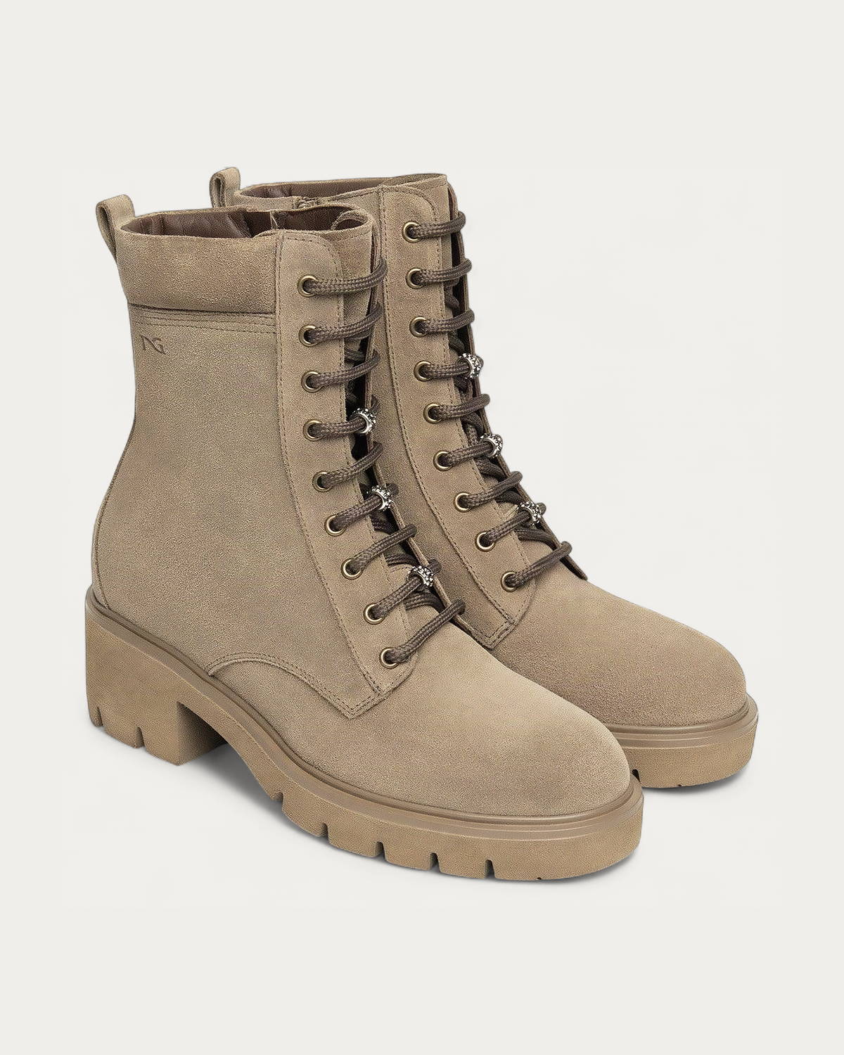 Nero Giardini Beige Nubuck Lace-Up Boot with Crystal Laces, pair three-quarter view