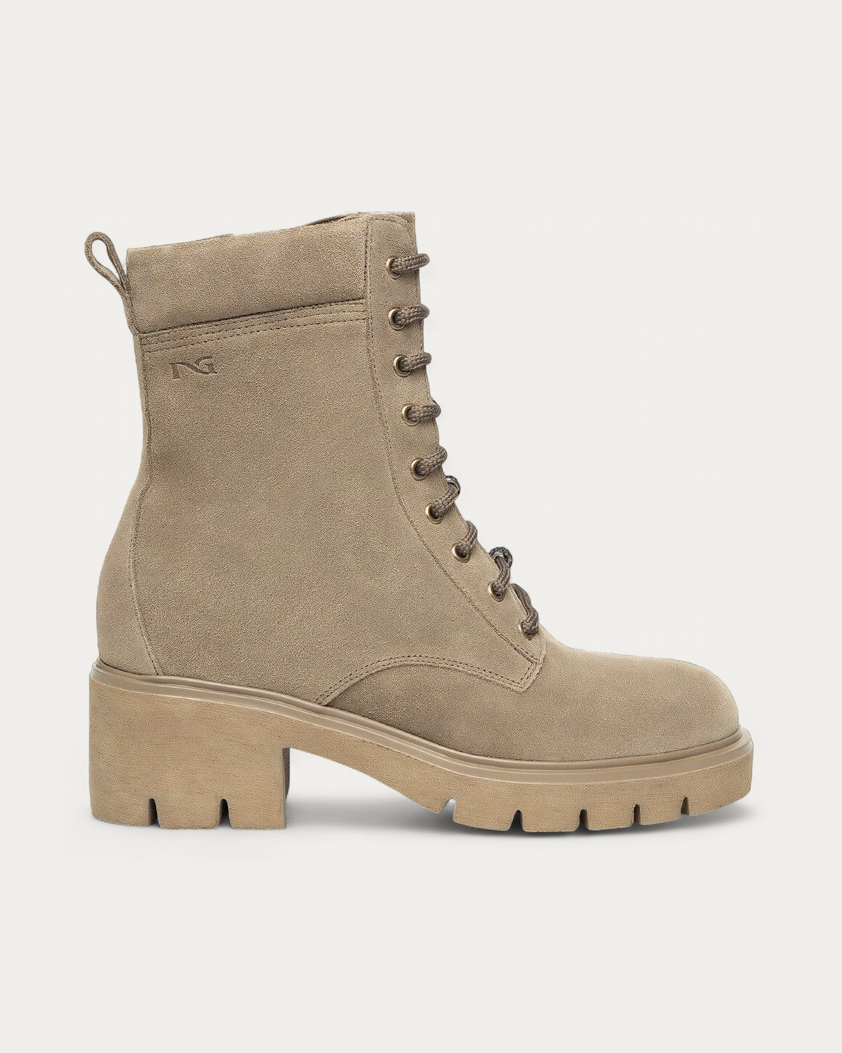 Nero Giardini Beige Nubuck Lace-Up Boot with Crystal Laces, side profile