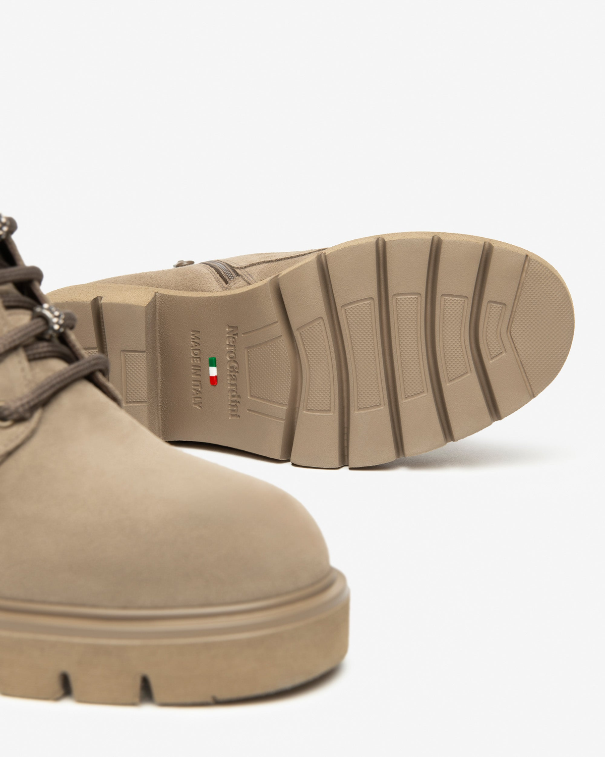 Nero Giardini Beige Nubuck Lace-Up Boot with Crystal Laces, outsole with Italian flag mark