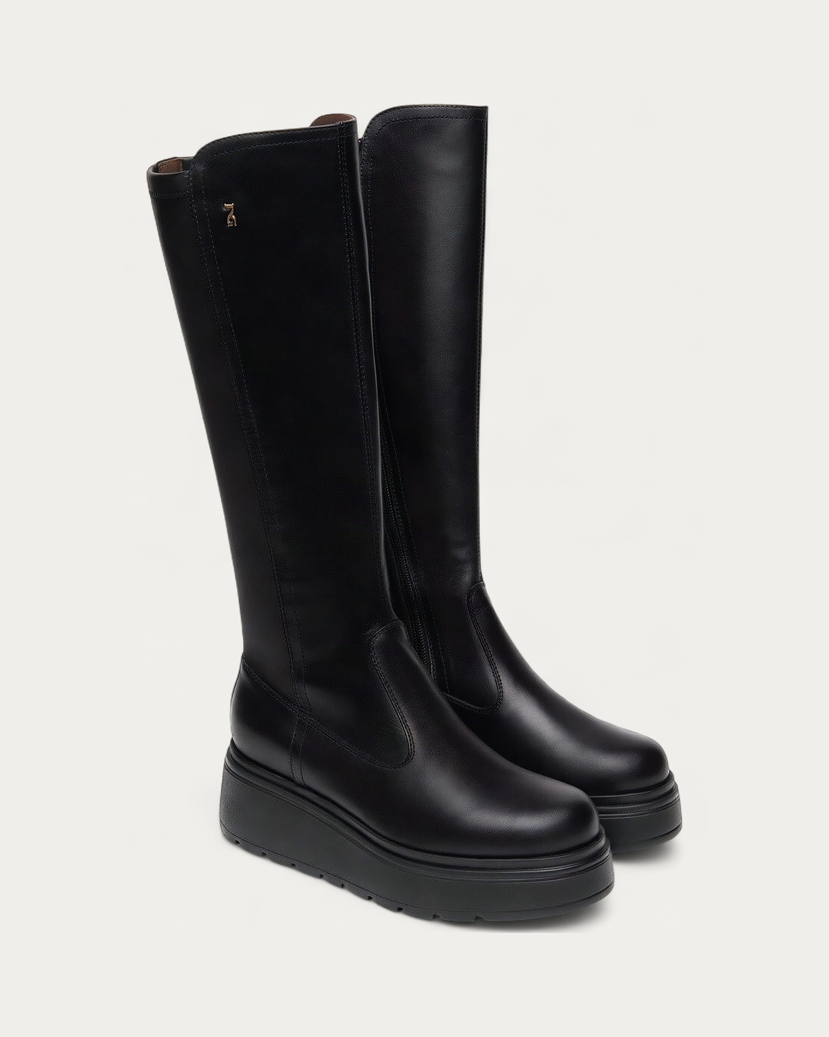Nero Giardini Black Knee High Platform Boot, pair three-quarter view