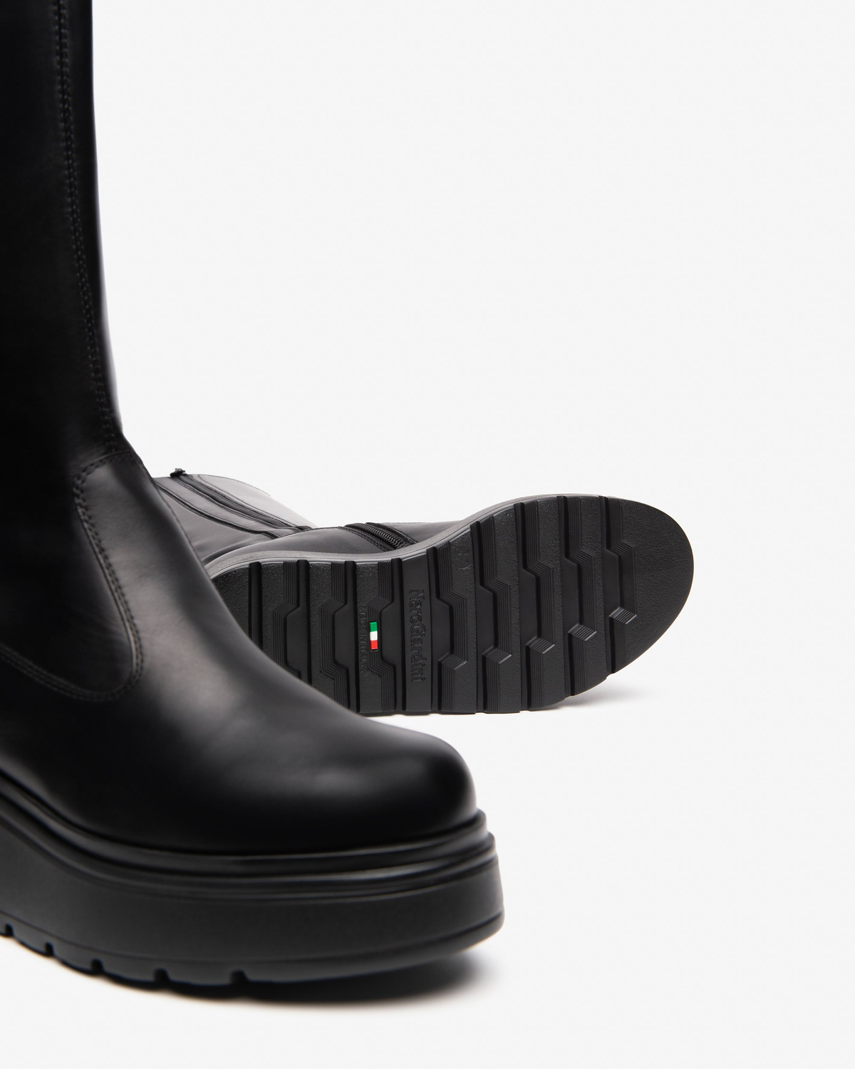 Nero Giardini Black Knee High Platform Boot, outsole with Italian flag mark
