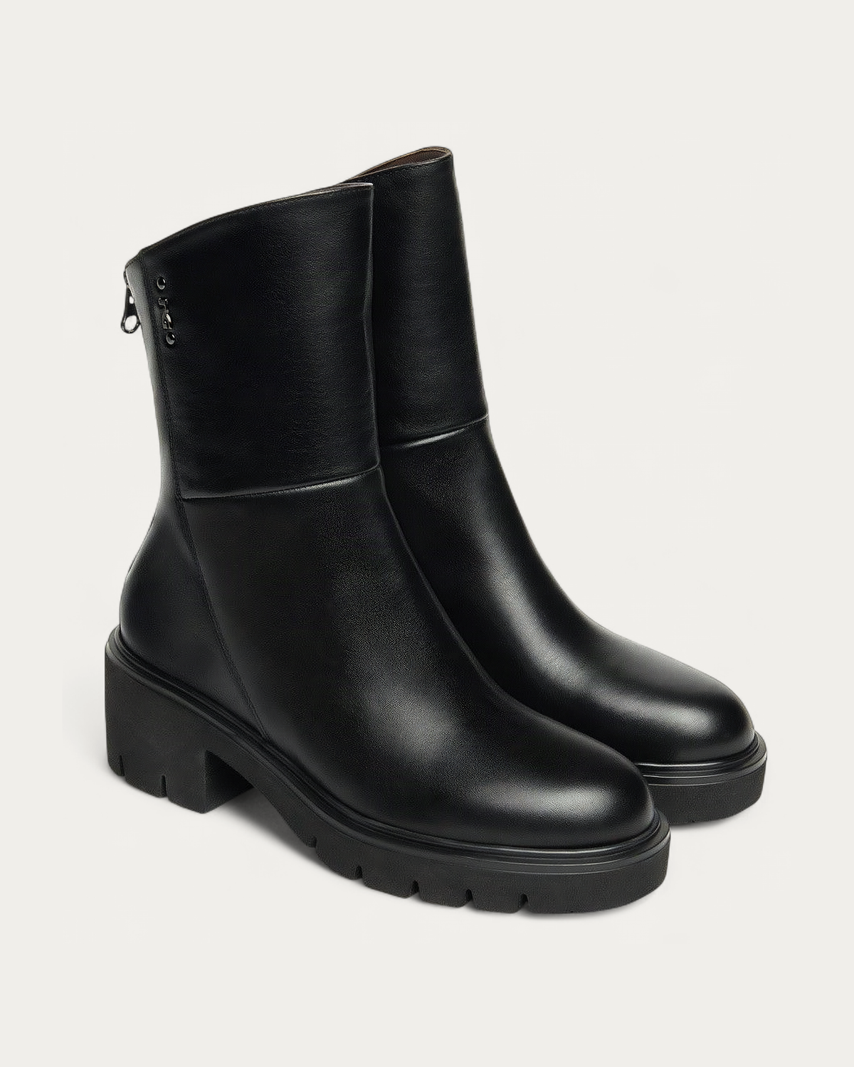 Nero Giardini Black Leather Back Zip Boot, pair three-quarter view