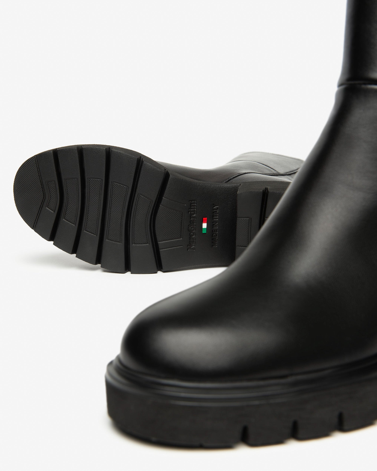 Nero Giardini Black Leather Back Zip Boot, outsole with Italian flag mark
