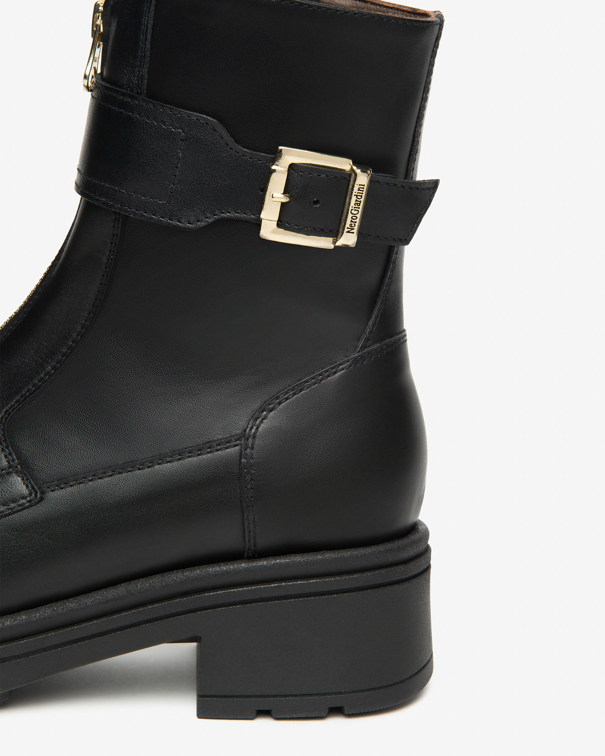 Nero Giardini Black Leather Boot with Buckle Strap and Front Zip, buckle strap close-up