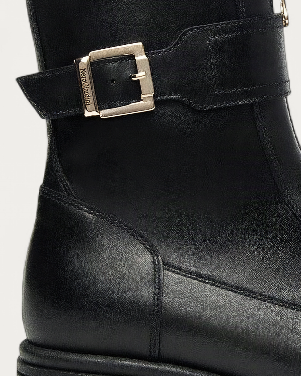 Nero Giardini Black Leather Boot with Buckle Strap and Front Zip, heel and sole detail