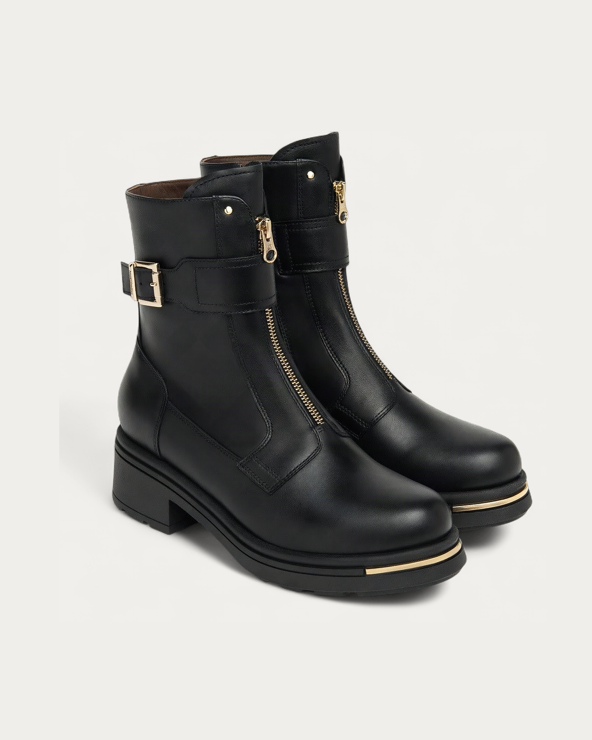 Nero Giardini Black Leather Boot with Buckle Strap and Front Zip, pair three-quarter view