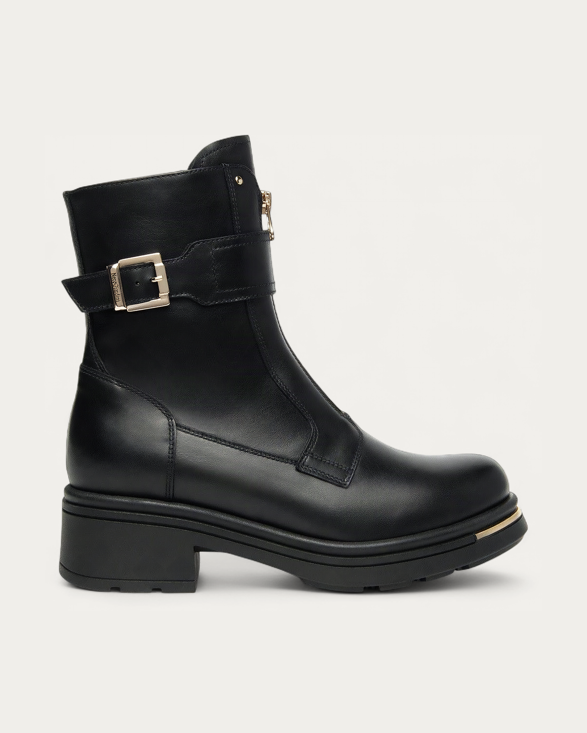 Nero Giardini Black Leather Boot with Buckle Strap and Front Zip, side profile