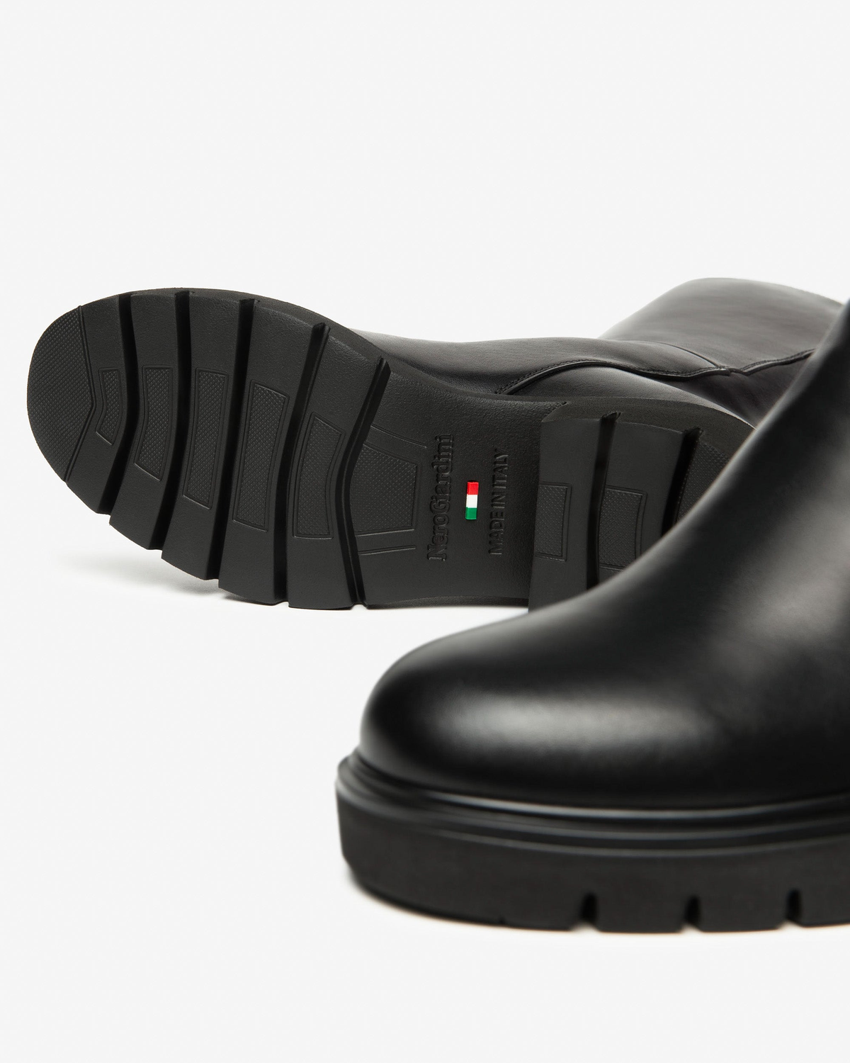 Nero Giardini Black Leather Knee High Boot, outsole with Italian flag mark