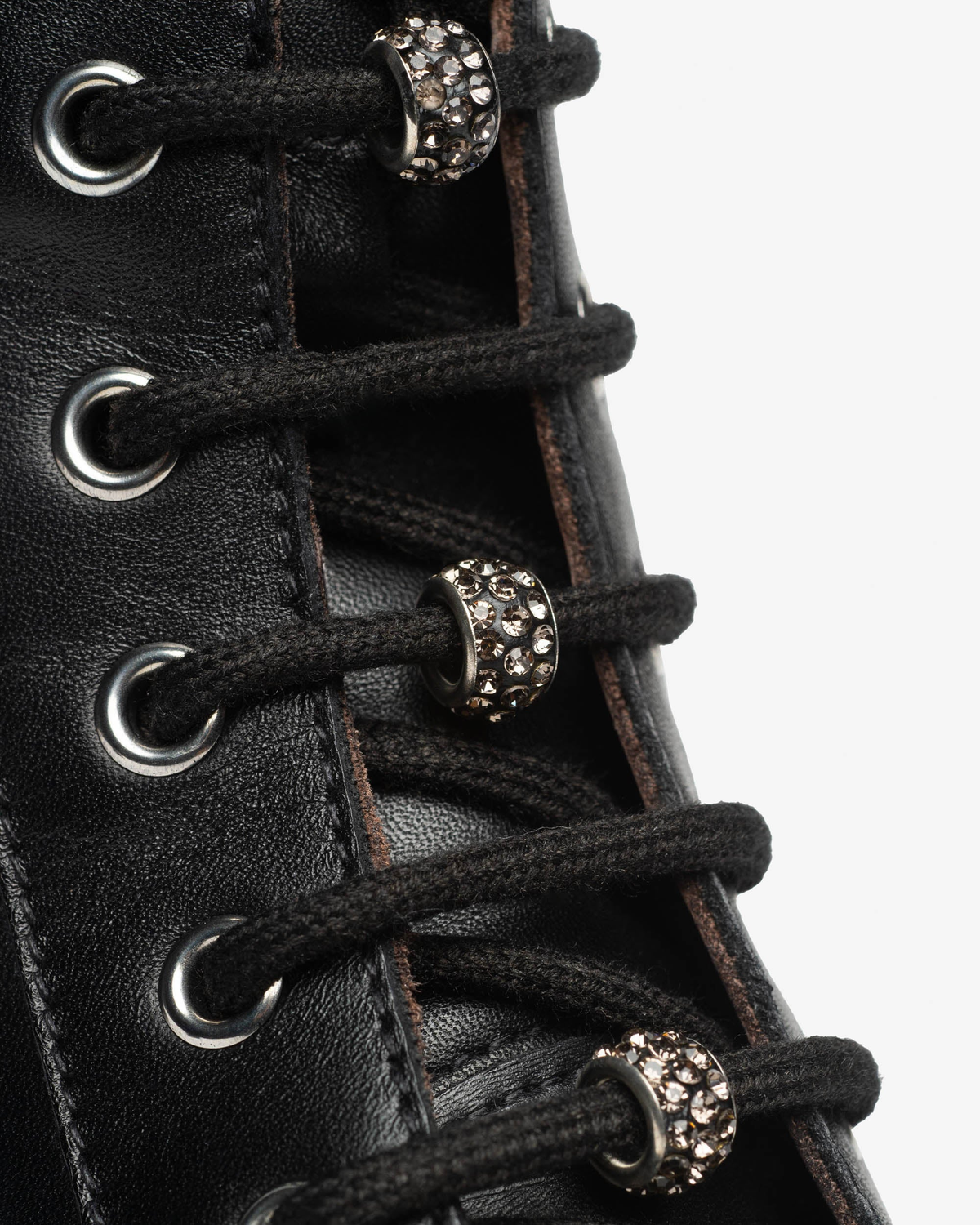 Nero Giardini Black Leather Lace-Up Boot with Crystal Laces, crystal lace beads and eyelets close-up