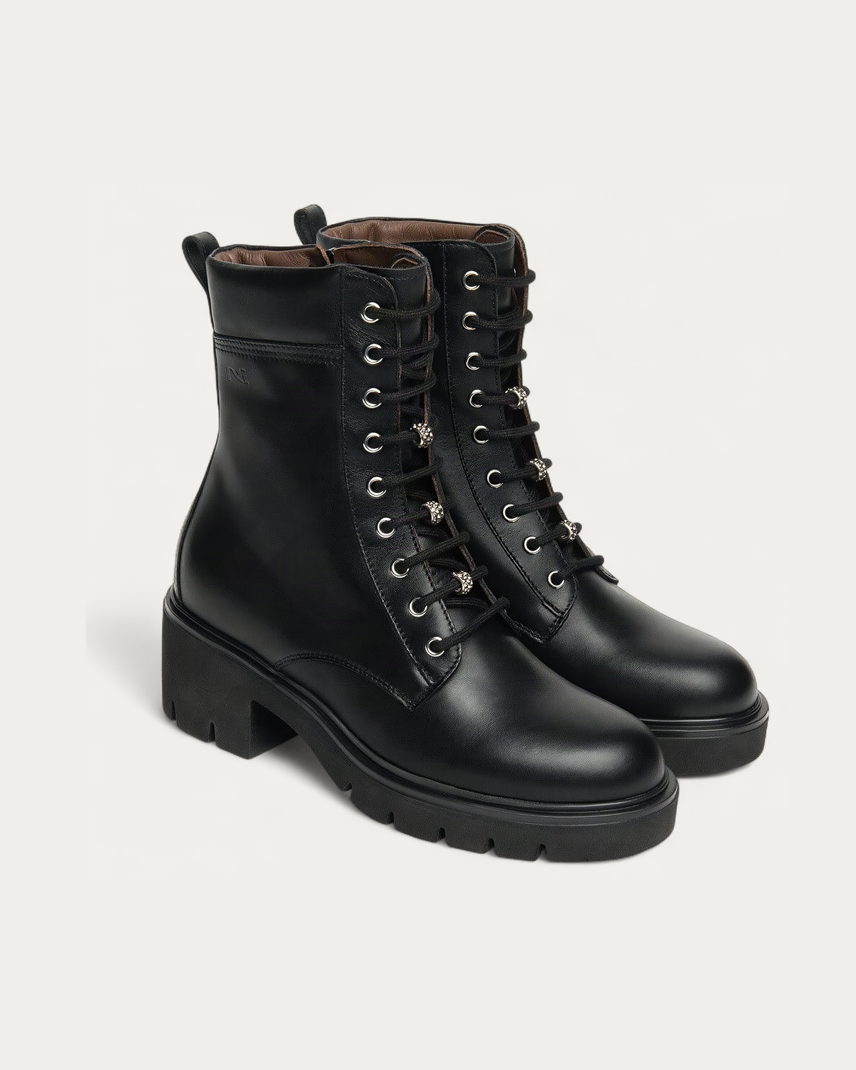 Nero Giardini Black Leather Lace-Up Boot with Crystal Laces, pair three-quarter view
