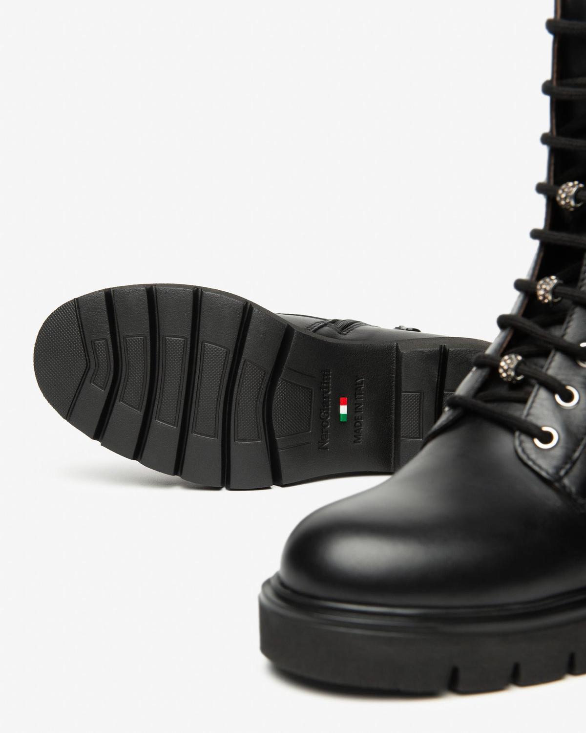 Nero Giardini Black Leather Lace-Up Boot with Crystal Laces, outsole with Italian flag mark