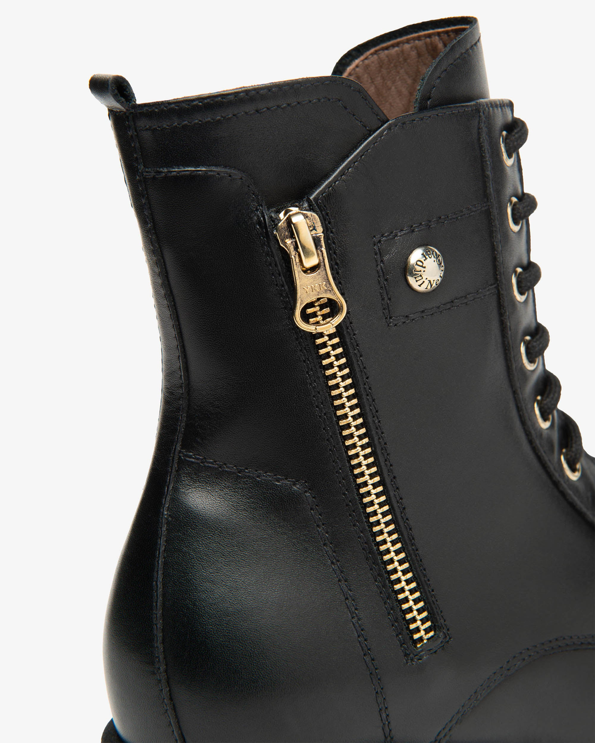 Nero Giardini Black Leather Lace-Up Boot with Gold Side Zip, gold side zip and eyelets close-up