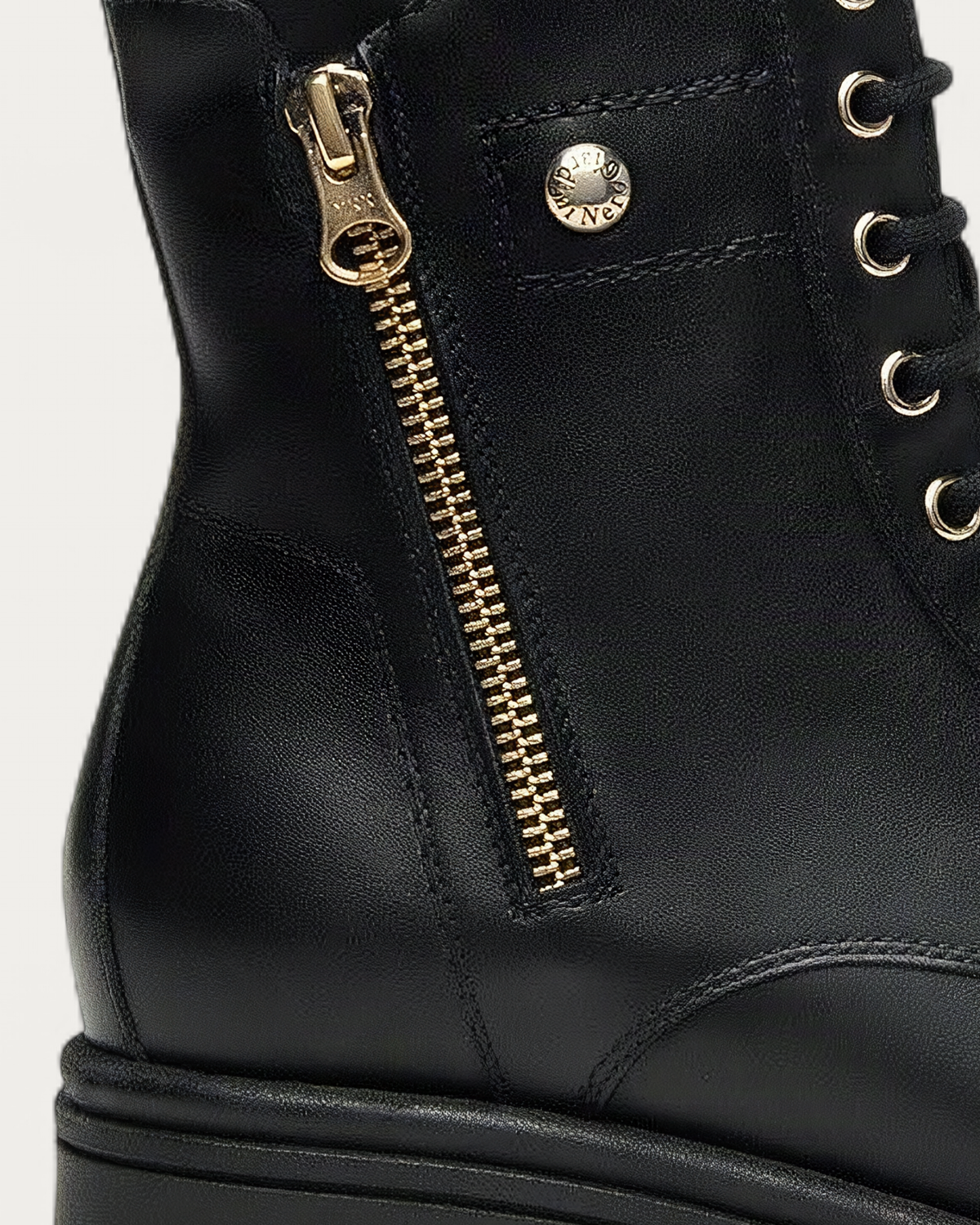 Nero Giardini Black Leather Lace-Up Boot with Gold Side Zip, heel and sole detail