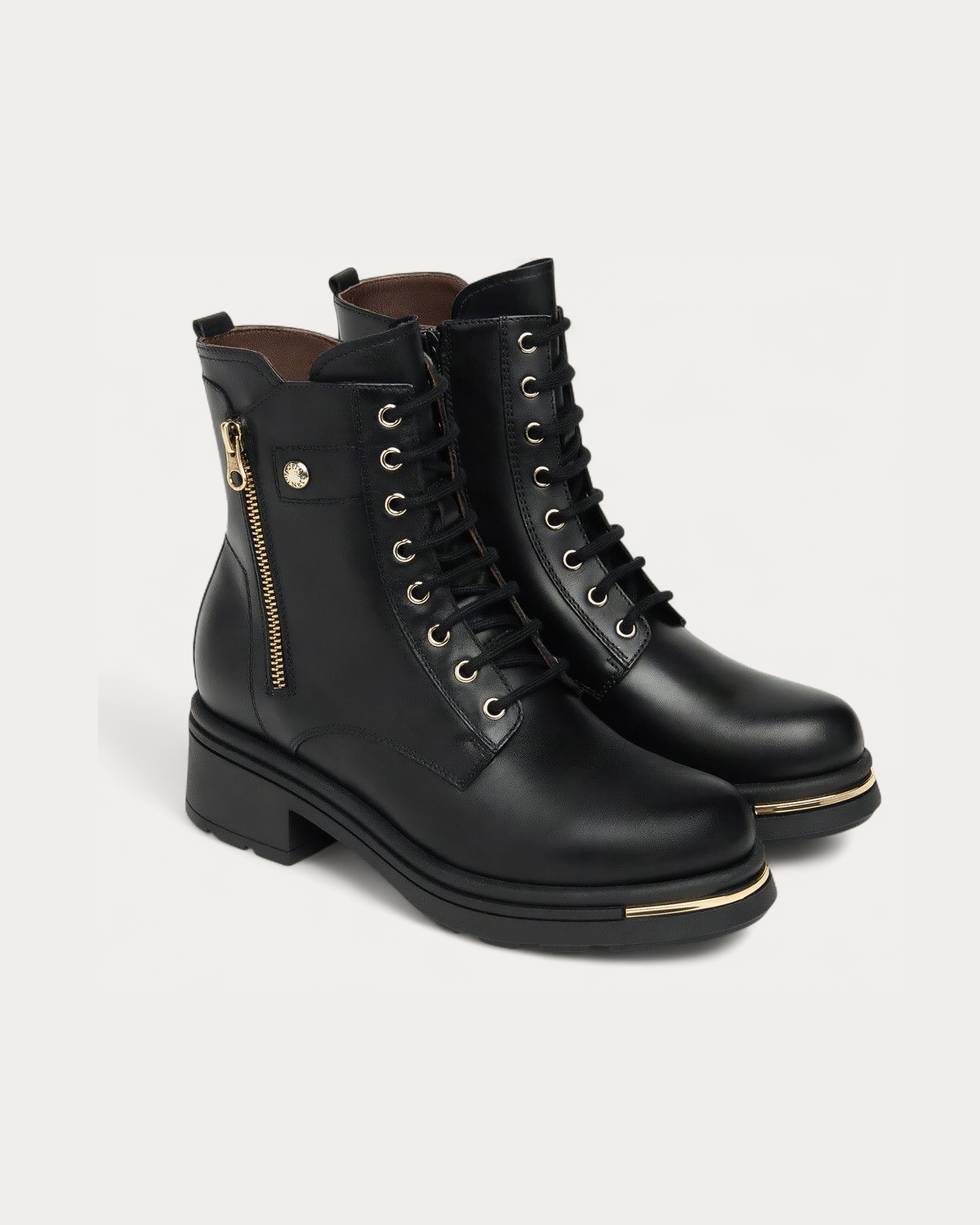 Nero Giardini Black Leather Lace-Up Boot with Gold Side Zip, pair three-quarter view