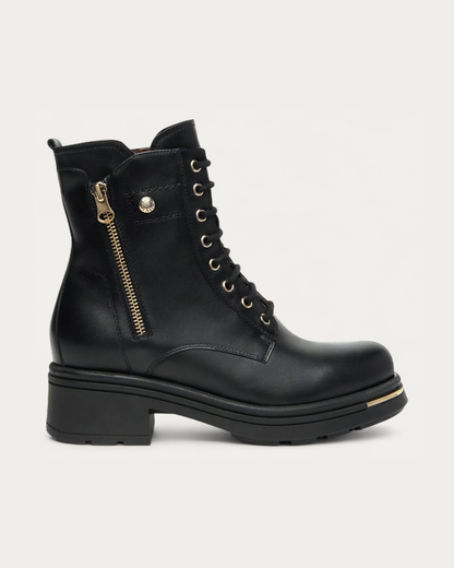 Nero Giardini Black Leather Lace-Up Boot with Gold Side Zip, side profile