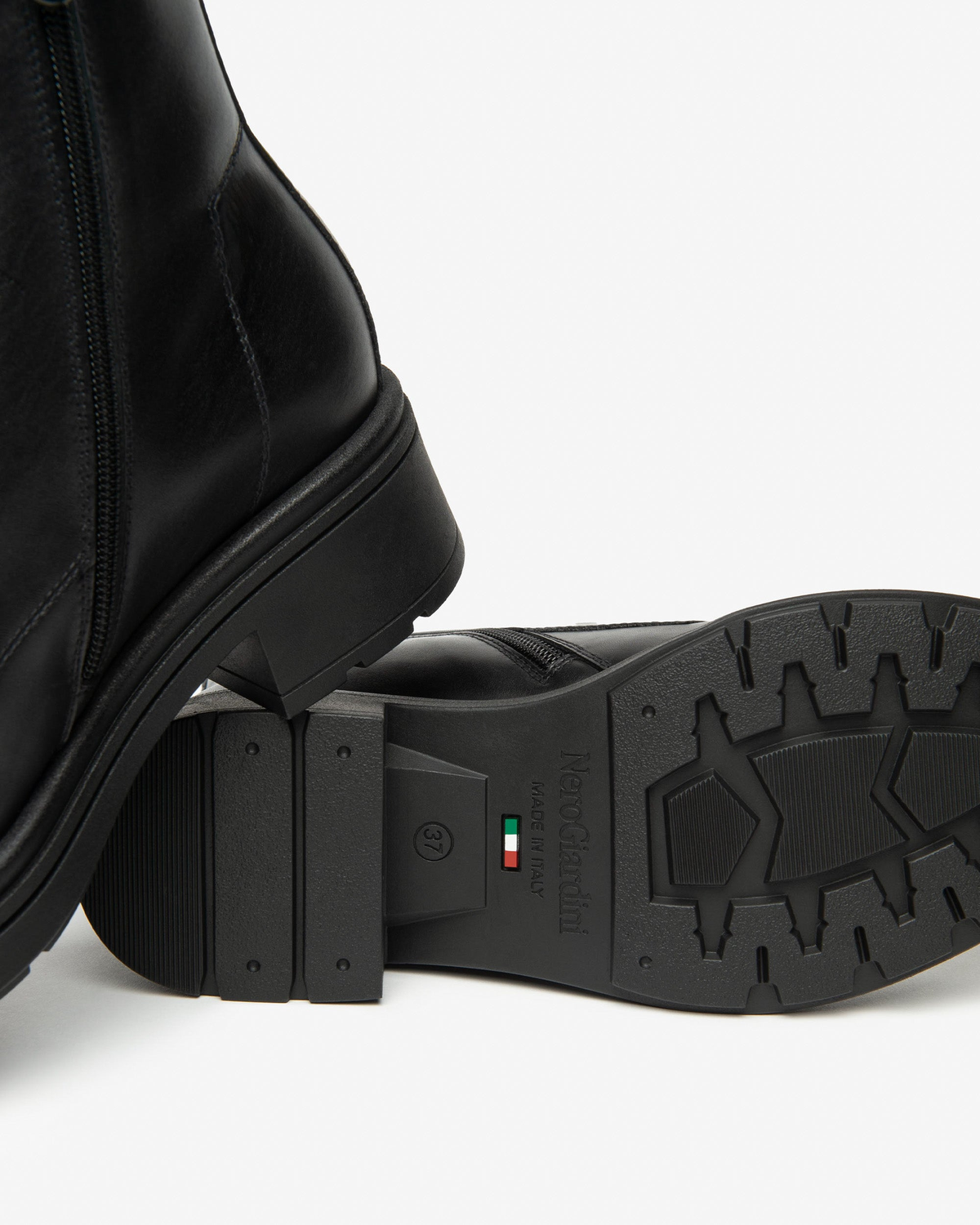 Nero Giardini Black Leather Lace-Up Boot with Gold Side Zip, outsole with Italian flag mark