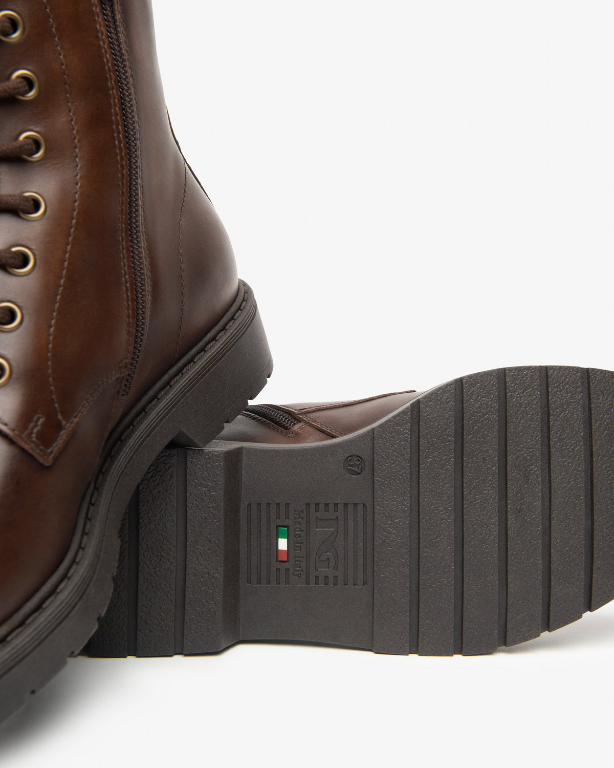 Nero Giardini Brown Leather Lace-Up Boot, outsole with Italian flag mark