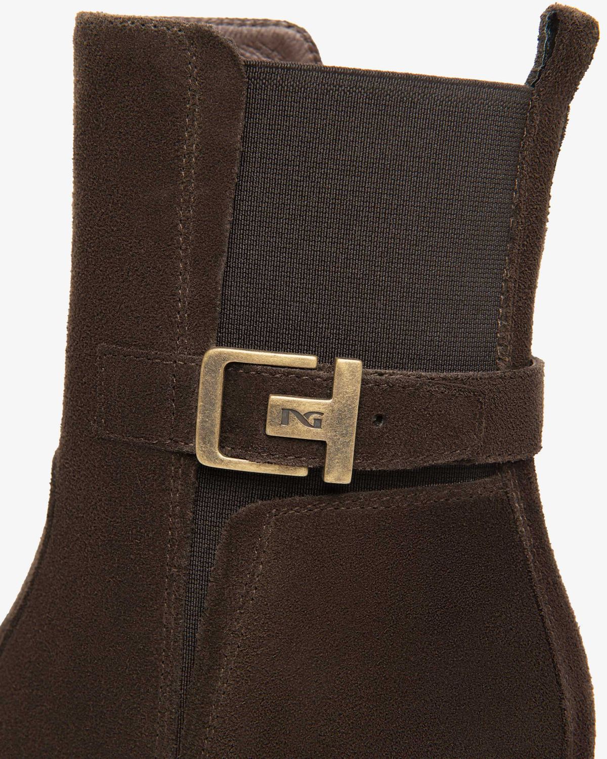 Nero Giardini Brown Suede Block Heel Ankle Boot, buckle strap on the elastic side panel