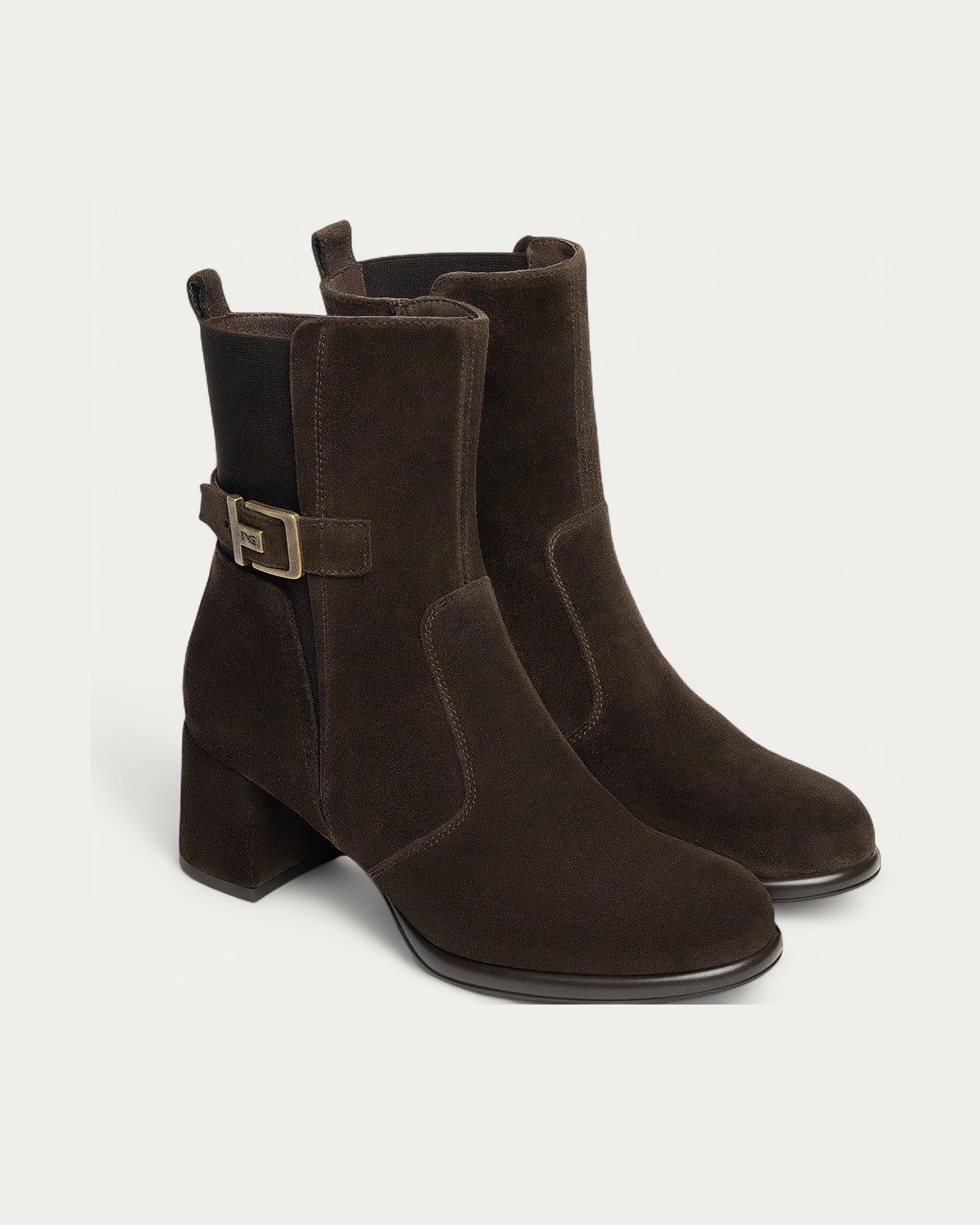 Nero Giardini Brown Suede Block Heel Ankle Boot, pair three-quarter view