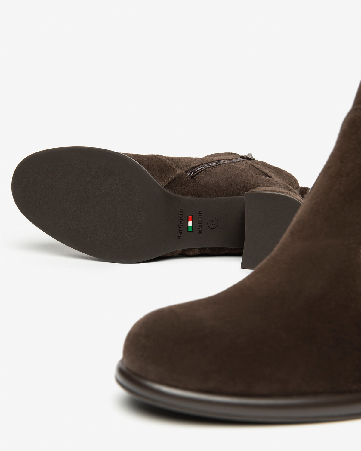 Nero Giardini Brown Suede Block Heel Ankle Boot, outsole with Italian flag mark
