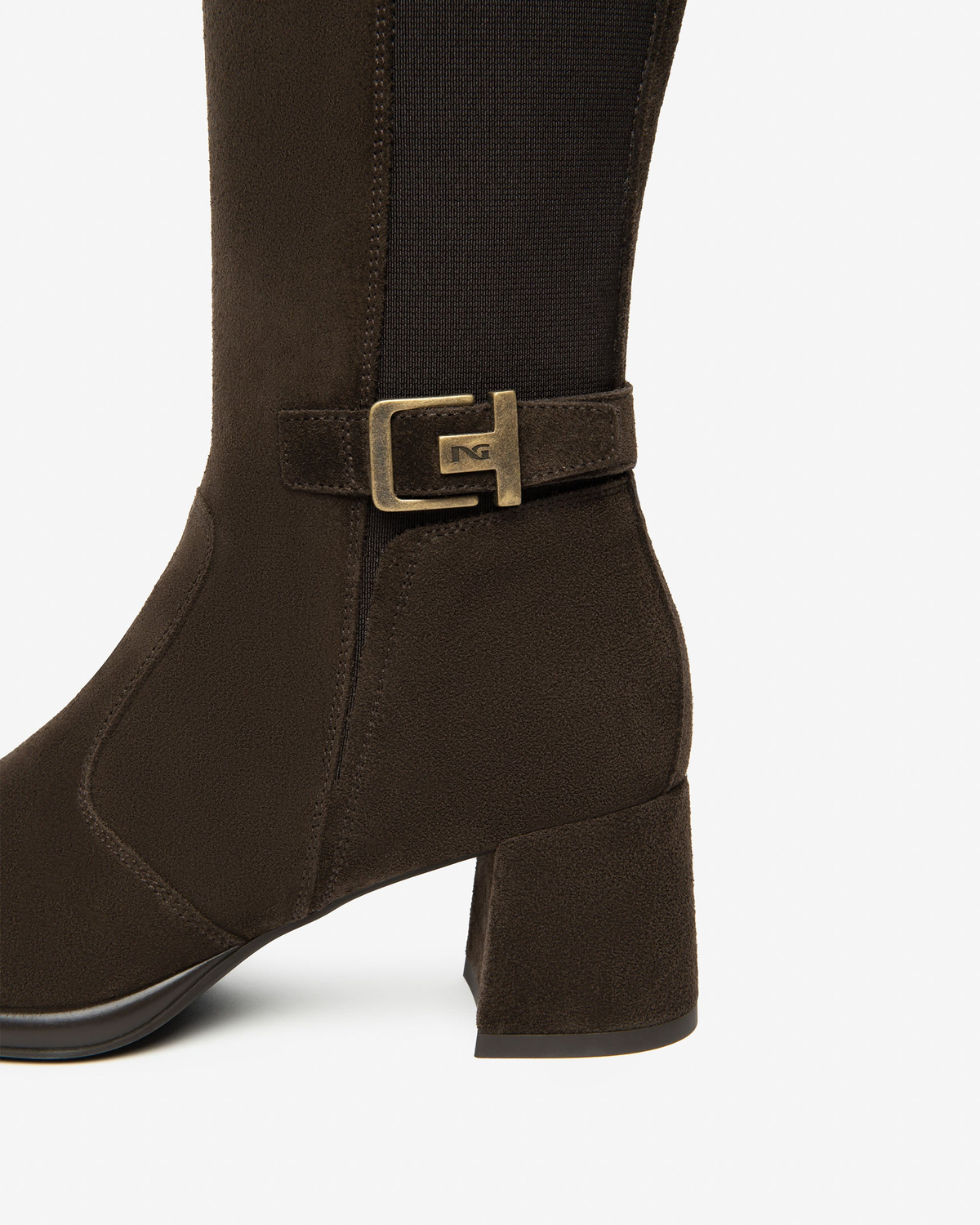 Nero Giardini Brown Suede Knee High Block Heel Boot, buckle strap and shaft close-up
