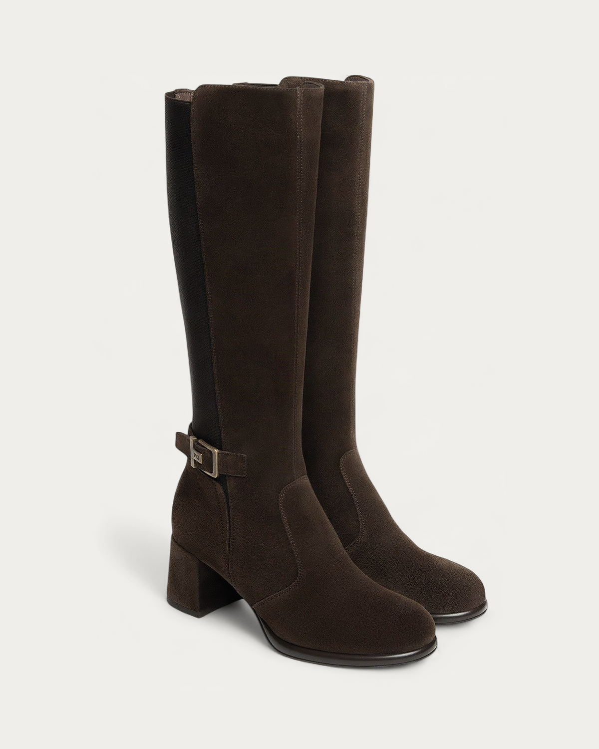 Nero Giardini Brown Suede Knee High Block Heel Boot, pair three-quarter view