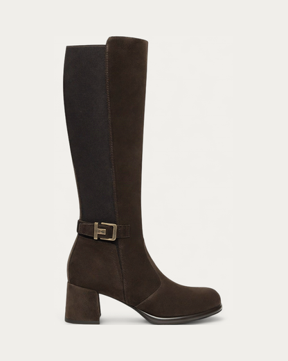 Nero Giardini Brown Suede Knee High Block Heel Boot, side profile