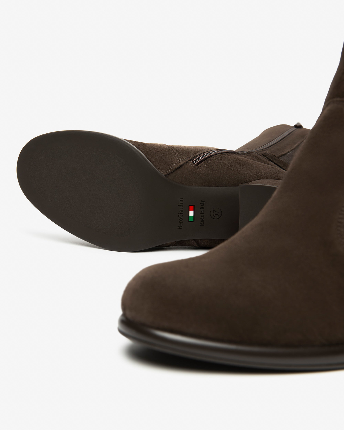 Nero Giardini Brown Suede Knee High Block Heel Boot, outsole with Italian flag mark