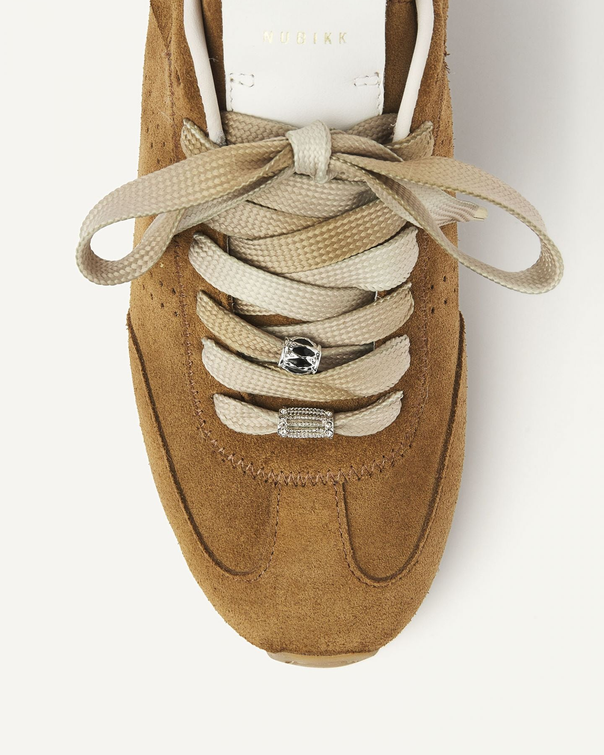 NUBIKK Billy Lou Cognac Suede Sneaker with Dip-Dye Laces, close-up detail