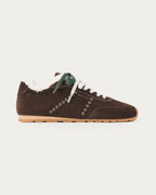 NUBIKK Billy Lou Fur dark brown suede sneaker with shearling collar, green and cream laces and gum sole, side profile