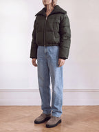 NUBIKK Ella Monroe khaki suede loafer boots styled on model with light blue jeans, full look