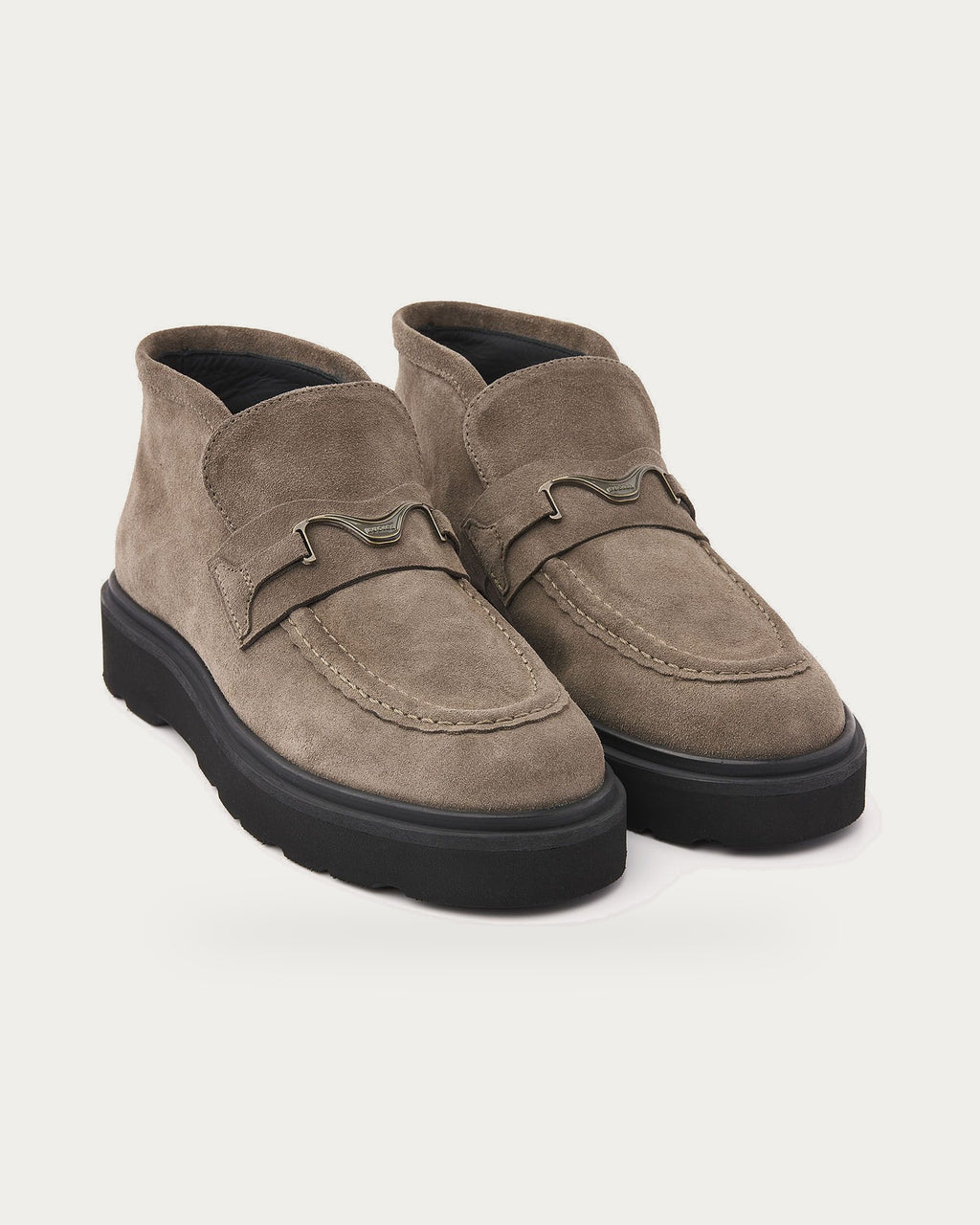 Pair of NUBIKK Ella Monroe khaki suede loafer boots with chunky black sole, three-quarter view