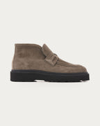 NUBIKK Ella Monroe khaki suede loafer boot with chunky black sole, side profile view