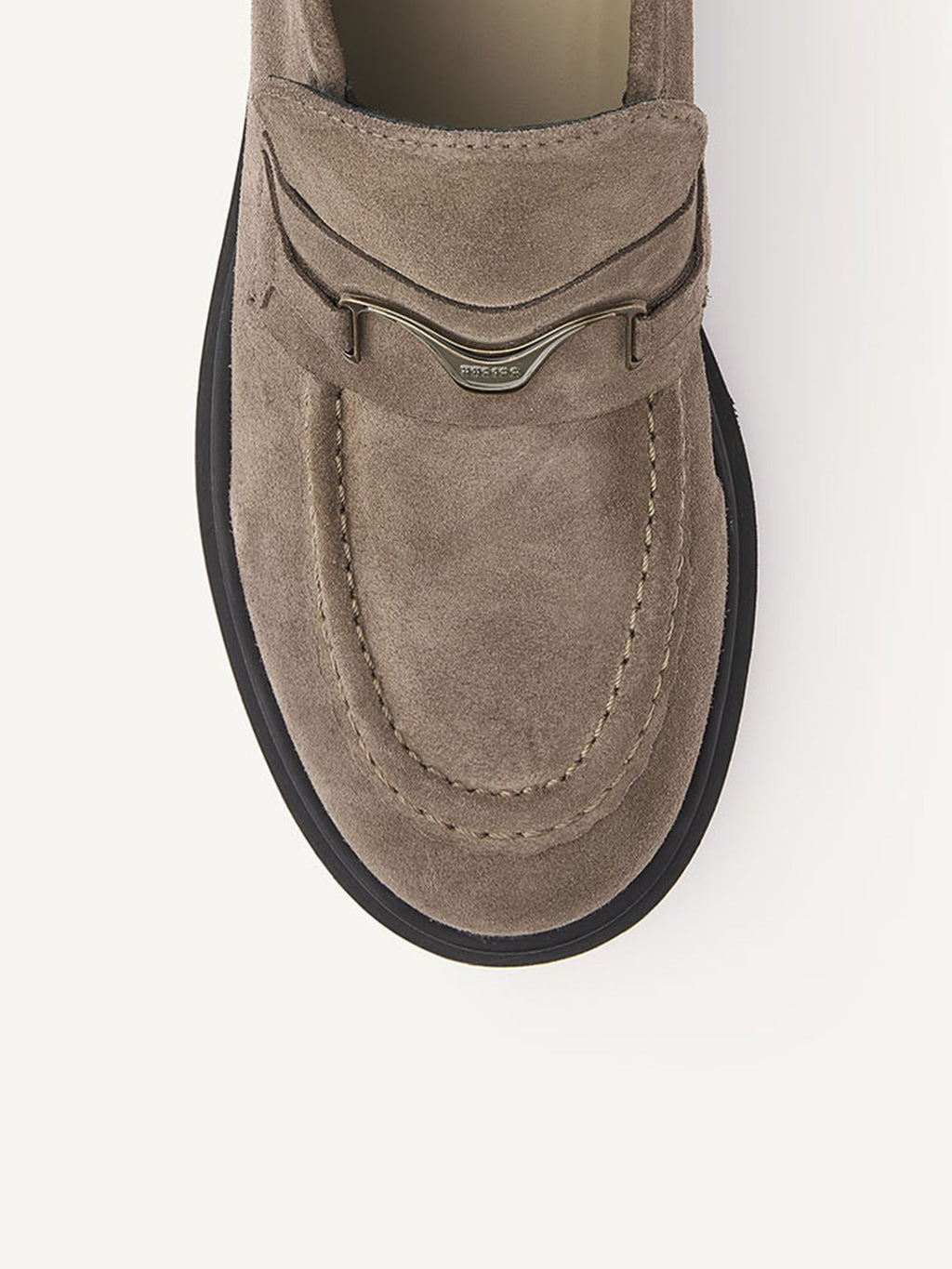 NUBIKK Ella Monroe khaki suede loafer boot, toe and hardware close-up