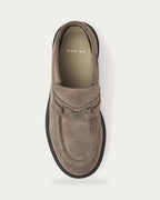 NUBIKK Ella Monroe khaki suede loafer boot, top view with metal hardware on the front