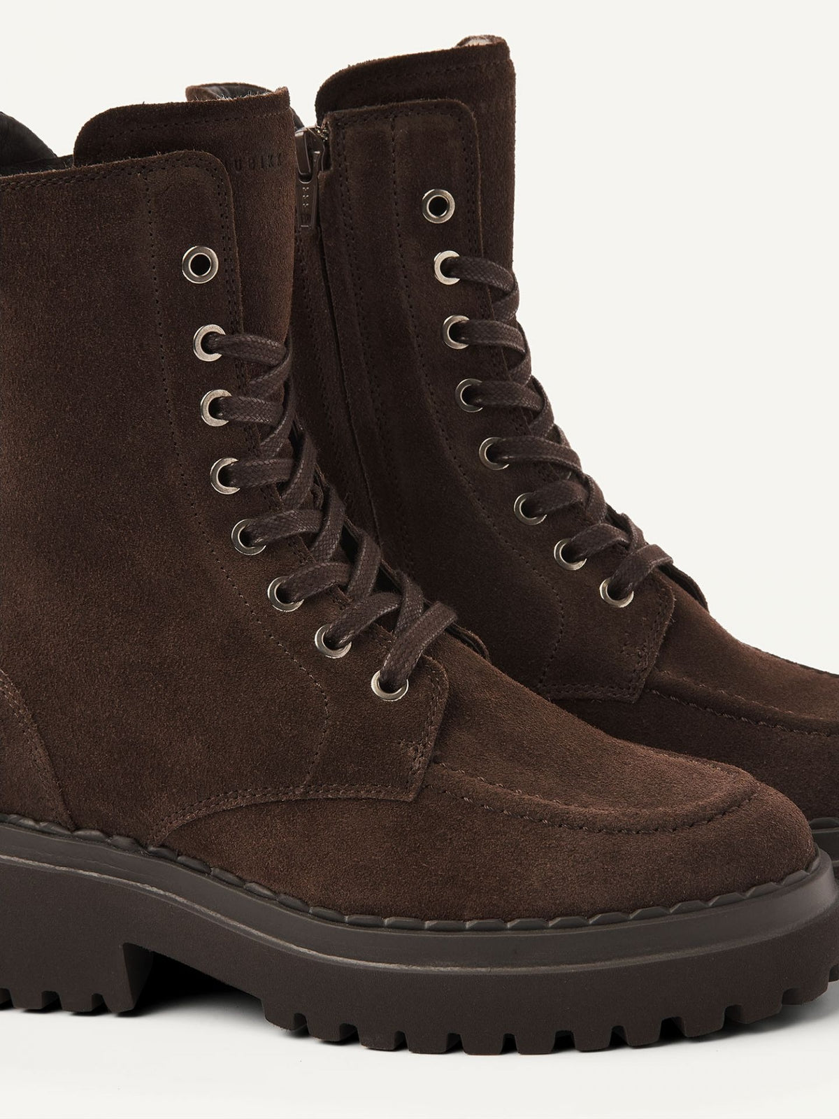 NUBIKK Fae Bobbi Fur boot in dark brown suede, lacing and side zip close-up