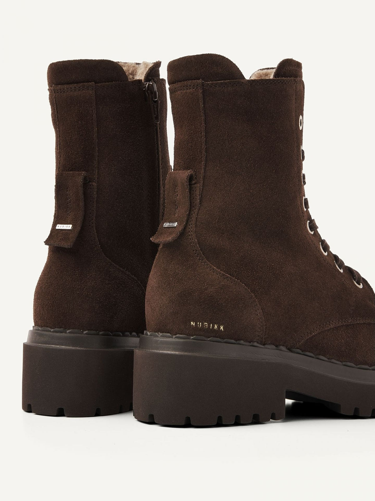 NUBIKK Fae Bobbi Fur boot in dark brown suede, rear view of the pair close-up