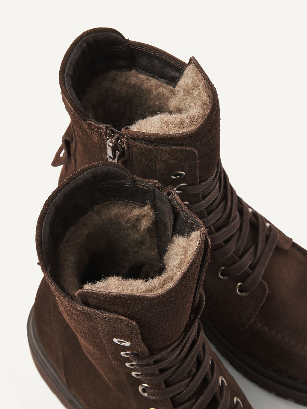 NUBIKK Fae Bobbi Fur boot in dark brown suede, shearling collar close-up