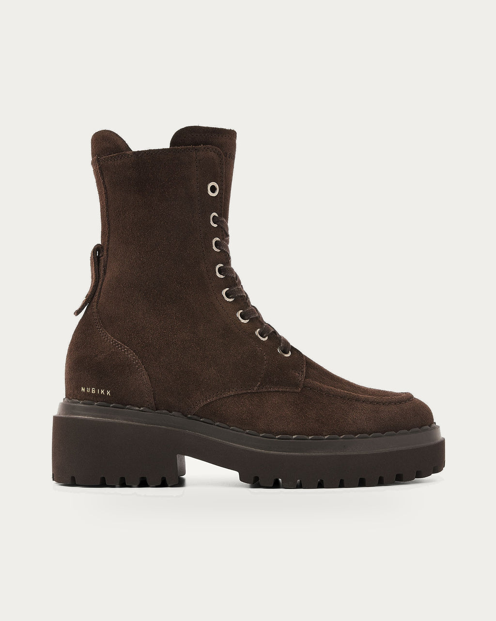 NUBIKK Fae Bobbi Fur lace-up shearling boot in dark brown suede, side profile view