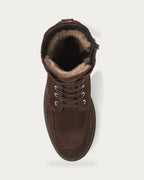 NUBIKK Fae Bobbi Fur lace-up shearling boot in dark brown suede, top view showing shearling lining and laces