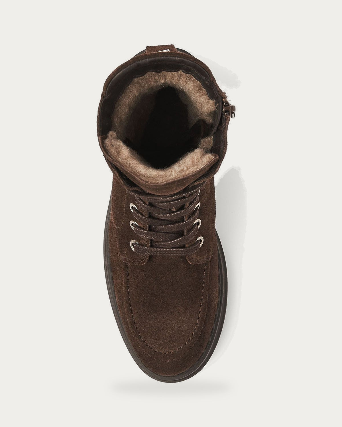 NUBIKK Fae Bobbi Fur lace-up shearling boot in dark brown suede, top view showing shearling lining and laces