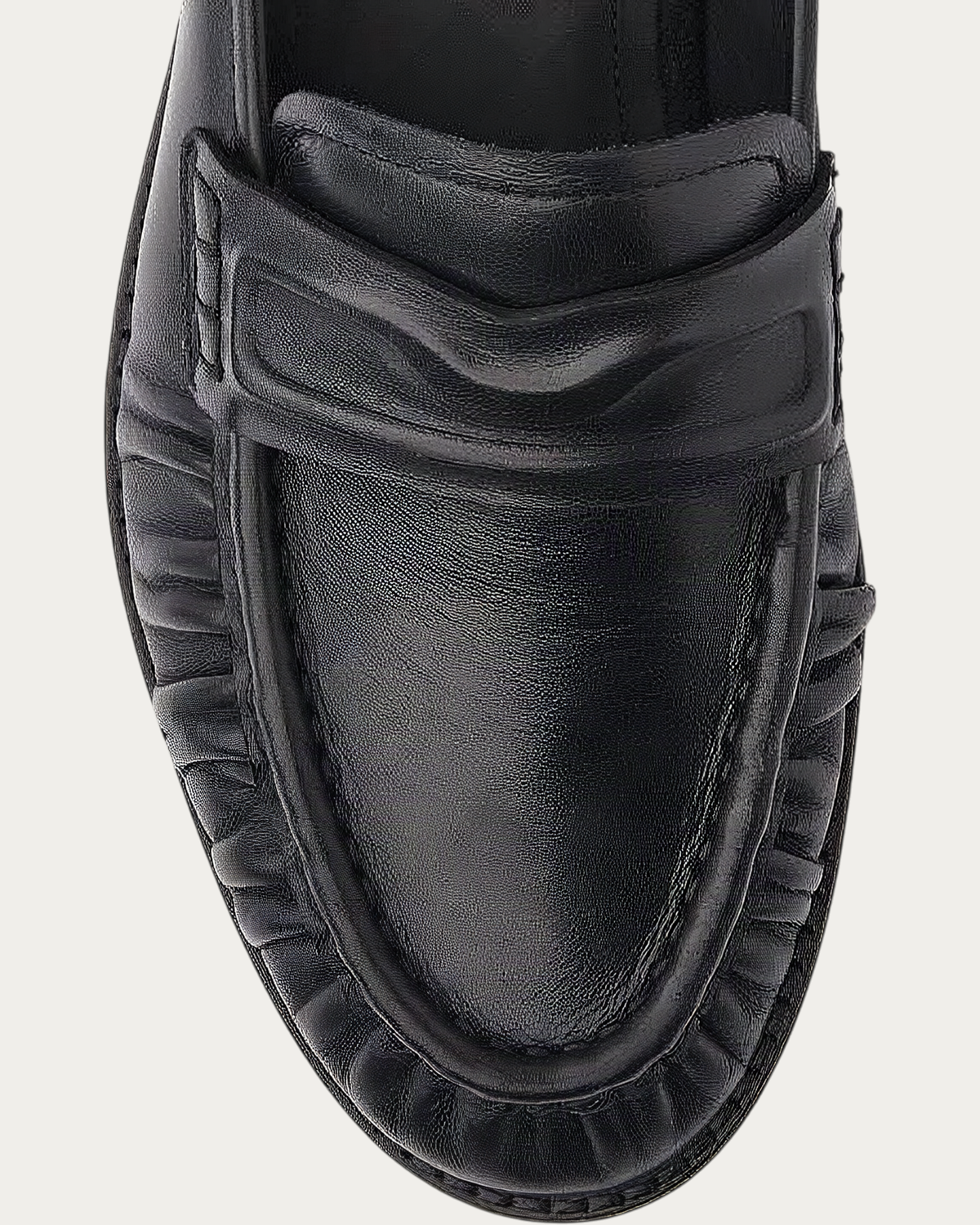 NUBIKK Jones Black Leather Ruffle Mule Loafer, close-up detail