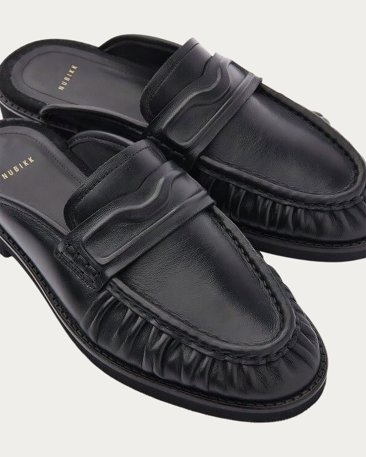NUBIKK Jones Black Leather Ruffle Mule Loafer, close-up detail