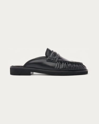 NUBIKK Jones Black Leather Ruffle Mule Loafer, side profile