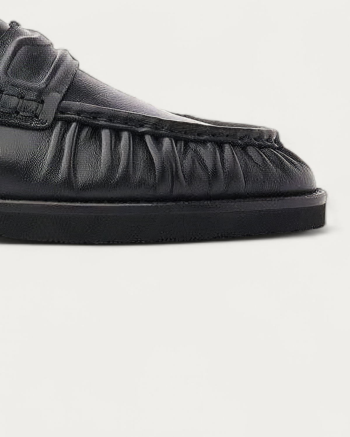 NUBIKK Jones Black Leather Ruffle Mule Loafer, toe detail